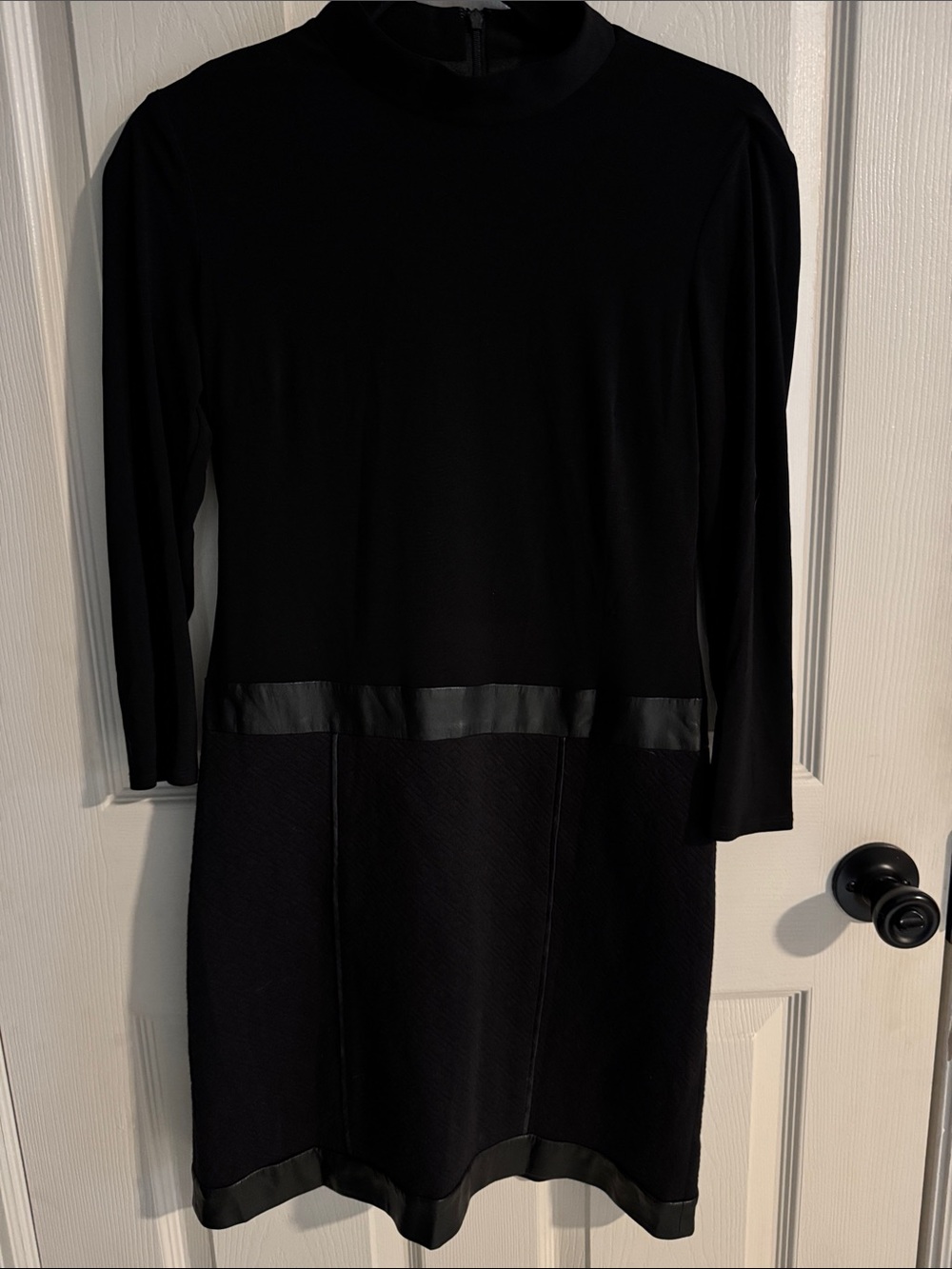 Black Long-Sleeve Midi Dress with Leather Trim